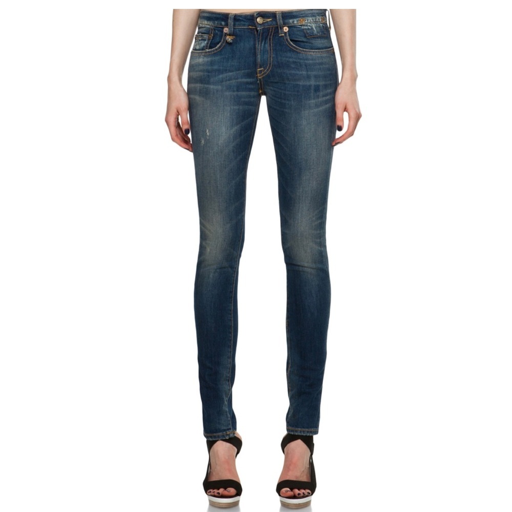 R13 Boy Skinny Jeans in Medium Blue Wash with Distressed Details